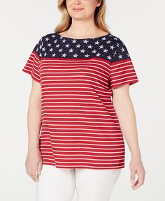 Stars & stripes are forever stylish on this vibrant flag T-shirt from Karen Scott| finished with a flattering boat neckline.| Hits at hip| Boat neckline| | Cotton/polyester| Imported American Flag Tshirt, Karen Scott, Flag Shirt, Plus Size Shorts, Stars And Stripes, Trendy Plus Size, Swimwear Tops, T Shirt Top, American Flag