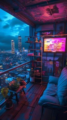 a balcony with a couch and television on the wall, overlooking city lights at night