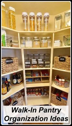 a pantry filled with lots of different types of food in baskets and containers on the shelves