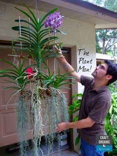 a man holding up a plant in front of a house with the words the plant man above it