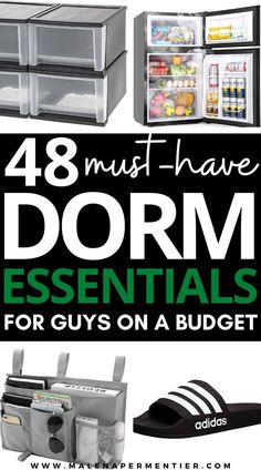 the words 48 must have dorm essentials for guys on a budget are in black and white