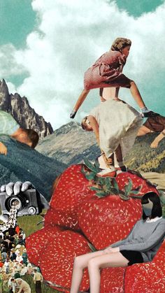 a collage of two people sitting on top of a giant strawberry, and another person standing in the background