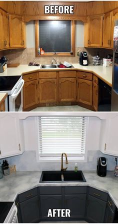 before and after pictures of a kitchen remodel with wood cabinets, black appliances, and white countertops