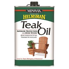 a gallon of teak oil with a wooden chair