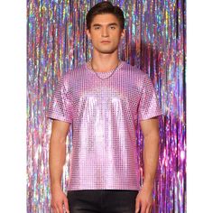 Sparkle t-shirts offer a bold and eye-catching option for those who want to make a fashion statement. Pairing these t-shirts with black jeans or leather pants creates a fashion look. Metallic short sleeves t-shirts are perfect for parties, nightclub, concerts, festivals, or any event where you want to stand out. Punk Style T-shirt For Summer Parties, Crew Neck T-shirt For Party Season Night Out, Punk Style Short Sleeve Party Top, Punk Style Party Top With Short Sleeves, Punk Style Short Sleeve Top For Party, Punk Style Graphic T-shirt For Parties, Summer Punk Party T-shirt, Summer Punk Style Party T-shirt, Crew Neck T-shirt For Night Out And Party Season