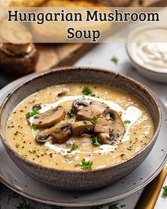 a bowl of mushroom soup on a plate with bread and parsley in the background