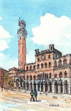 watercolor and ink drawing of people walking in front of a building with a clock tower