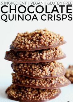 chocolate quinoa crispes stacked on top of each other with text overlay