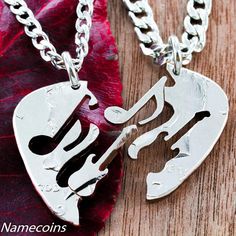 These 2 necklaces are cut from a single guitar pick. Each side has a music note and a guitar that interlocks with each other making a complete guitar pick again. This has make cut by hand from a half dollar. You can see how meticulous we are in our detail. We take great pride in all of our jewelry, we always like it to be perfect. The edges of the guitar pick have been burnished smooth. It includes 2x 20" smooth, strong stainless steel chain (one thin and one thick). If you are interested in mak Gitar Vintage, Music Note Necklace, Guitar Pick Necklace, Bff Necklaces, Music Jewelry, Couple Jewelry, Matching Jewelry, Music Note, Funky Jewelry