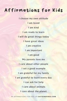 the affirmations for kids poem is shown in pink, yellow and blue colors