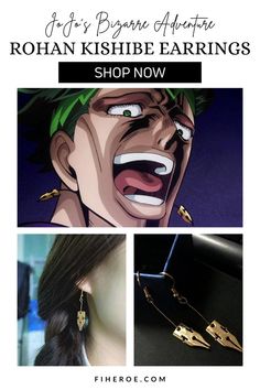 an image of the face of rohan kishibe earrings on display with text that reads, let's prepare amazing rohan kishibe earrings shop now