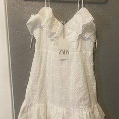 Brand New Zara Ruffle Sundress, Zara Cotton Party Dress, Zara Ruffled Sundress, Zara Cotton Mini Dress With Ruffles, Zara Spring Sundress With Ruffles, Zara Ruffled Sundress For Spring, Zara Sundress With Ruffles, Elegant Zara Cotton Dress, Zara Summer Dresses With Ruffles