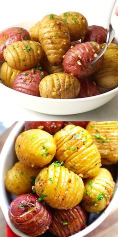 two bowls filled with different types of potatoes