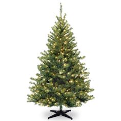 a small christmas tree with white lights on it's top and black base, in front of a white background