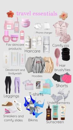 travel essentials for the woman in your life are shown on this poster, which includes clothing and accessories