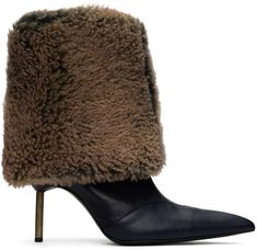 Ankle-high grained calfskin boots in black. · Pointed toe · Lamb fur trim at foldover collar · Metal stiletto heel with rubber injection · Leather sole · Antiqued brass-tone hardware · Heel: H3.5 Supplier color: Midnight mix Pointed Boots, Fur Ankle Boots, Fur Heels, Pretty Clothes, Designer Boots, Heel Boots, Fur Trim, Stiletto Heel, Heeled Boots