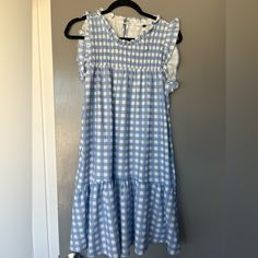 Boutique Dress, Nwot Light Blue And White Gingham- Size Large Blue Knee-length Plaid Summer Dress, Blue Plaid Dress For Spring Day Out, Blue Plaid Ruffle Dress For Spring, Blue Plaid Dress With Ruffles For Spring, Blue Plaid Dress For Summer Brunch, Blue Knee-length Plaid Dress For Spring, Casual Blue Plaid Dress For Daywear, Blue Plaid Summer Midi Dress, Blue Plaid Midi Dress For Summer