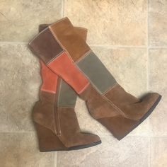 Size 6 Patch Work Suede Wedge Heel 3.5 Inch Never Worn Gorgeous Colors Perfect For Fall And Winter Boots Patterns, Patch Work, Suede Wedges, Fall And Winter, Shoes Heels Boots, Tan Brown, Wedge Heels, Shoes Women Heels, Heeled Boots