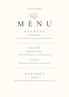 the menu for a restaurant is shown in black and white, with an olive branch on it