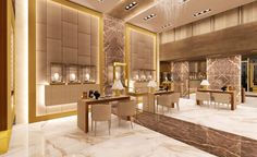 the interior of a luxury jewelry store with marble floors and gold trimmings on the walls