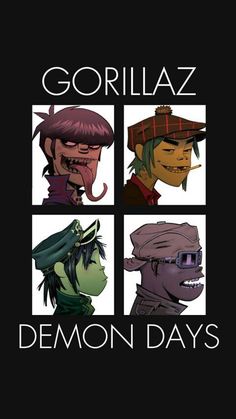 the cover to gorillalaz's demon days, with four faces in different colors