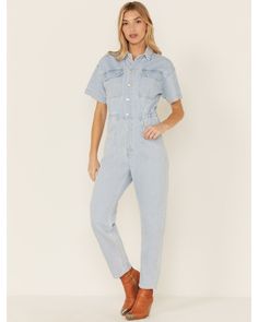 Free People Women's Marci Short Sleeve Button-Down Jumpsuit , Light Blue Free People Jumpsuit, Western Clothes, Boot Barn, Skirts With Boots, Todays Outfit, Button Down Dress, Western Dresses, Romper With Skirt, Denim Jumpsuit