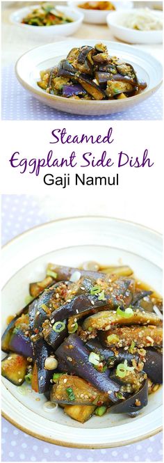 steamed eggplant side dish with gai nammu on a white plate and purple table cloth