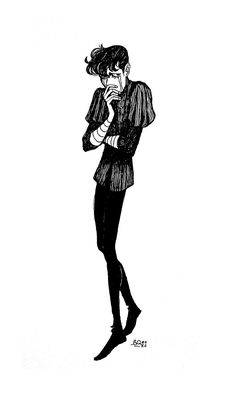 a black and white drawing of a woman with her hand on her face, standing