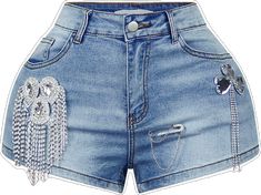 Casual Denim Shorts With Rhinestone Fringe, Rhinestone Denim Jean Shorts, Casual Rhinestone Short Length Jeans, Trendy Rhinestone Denim Shorts, Casual Jean Shorts With Rhinestones, Trendy Rhinestone Denim Jean Shorts, Casual Rhinestone Shorts, Rhinestone Shorts, Night Out Tops