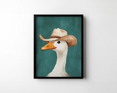 a duck with a cowboy hat on it's head is hanging on the wall