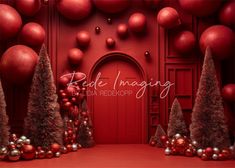 red and silver christmas decorations in front of a red door with the words red imagine on it