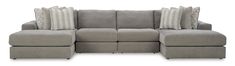 a couch with pillows on it and two recliners next to each other in front of a white background