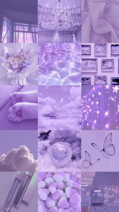 a collage of purple and white images with flowers, clouds, butterflies, and pictures on the wall