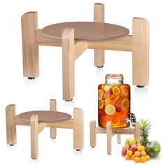 three wooden tables and two stools with drinks in jars on them, surrounded by fruit