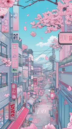 an image of a city street with pink flowers