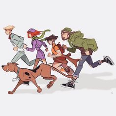 a group of people running with a dog