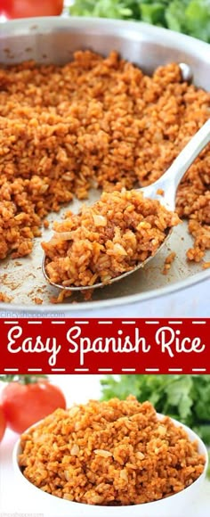 an easy spanish rice casserole in a white dish