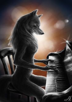 a dog sitting at a piano playing the music on it's own side,