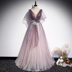 Purple V-neck Prom Gown, Purple Tulle Evening Dress For Banquet, Purple Tulle Prom Evening Dress, Purple V-neck Gown For Prom, Purple Tulle Evening Dress For Prom, V-neck Purple Gown For Prom Season, Ethereal Floor-length Evening Dress For Prom, Purple Tulle Floor-length Evening Dress, Purple Floor-length Tulle Evening Dress