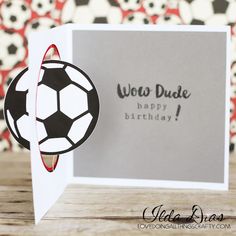 a card with a soccer ball on it and the words woo duke happy birthday