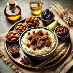 an assortment of nuts and other food items on a plate with oatmeal