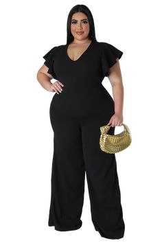 Stretch jumpsuit V neck Sleeveless Zipper closure 93% polyester 7% spandex Hand wash cold Inseam is 37 inches Belt is sold separately Model is wearing a 2X Jumpsuit V Neck, Palazzo Pants Plus Size, Black Pant Suit, Stretch Jumpsuit, Chic And Curvy, Ruffle Pants, Jumpsuit With Sleeves, Pants Wide Leg, Sheer Sleeves