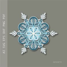 an intricate blue and white snowflake on a gray background with the words, svg