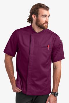 The Men's Short Sleeve Chef Coat features a tailored fit with snap closure and contrast piping details at the neck and front seams. This chef coat includes a pocket on the chest and the left sleeve. Back mesh panels and back yoke details complete the look of this modern chef coat. • Tailored Fit • Snap closure • Chest pocket • Contrast piping at neck, center front and front seams • Left sleeve pocket • Back mesh panels • Back yoke detail • 65 Poly / 35 Cotton • Approximate length for size Large Space Futuristic, Men Native, Sport Bar, Hotel Uniform