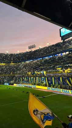 a soccer stadium filled with lots of people holding flags and fans sitting in the bleachers