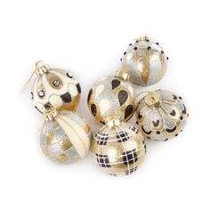 gold and silver christmas ornaments on white background