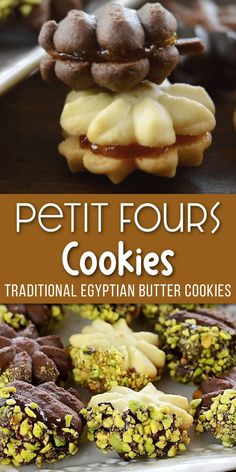 Small butter cookies stuffed with jam, dipped in chocolate and nuts with Pinterest overlay. Petit Fours Cookies, Ramadan Sweets Recipes, Petit Four Icing, Sable Cookies