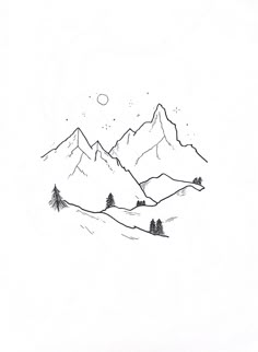 a black and white drawing of mountains with trees