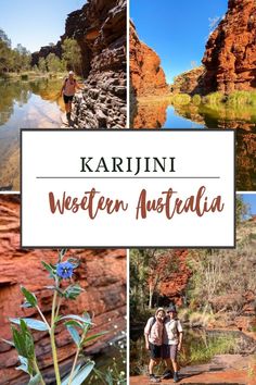 two people are standing in front of some water and rocks with the words karrini western australia above them