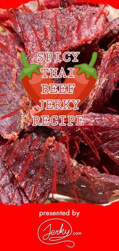 there is a pile of beef on the plate with text overlay that reads spicy treat berry jerk recipe